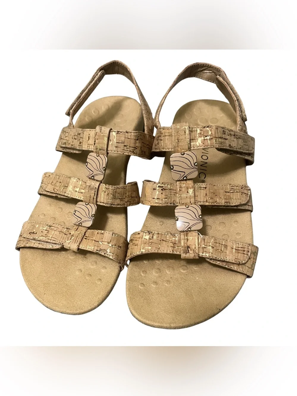 Vionic Amber Gold Cork Sandals Womens 11 Wide Beaded Beachy Orthotic Resort Boho - Picture 2 of 6